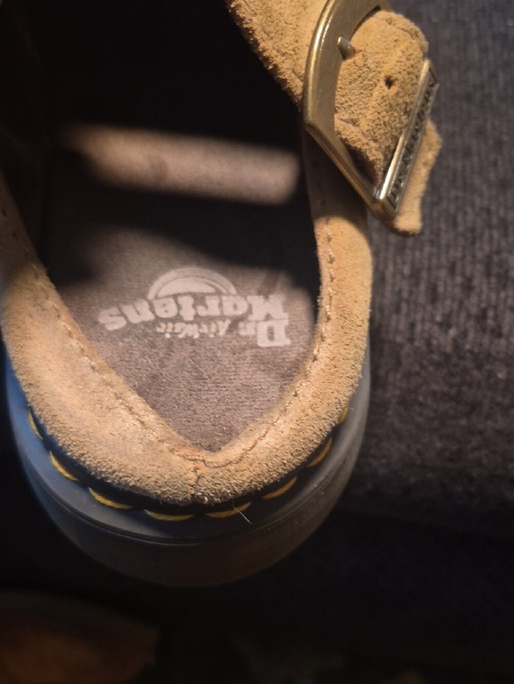 Dr. Martens Tan Suede Slingback Mules with Yellow Stitching - Picture 5 of 15